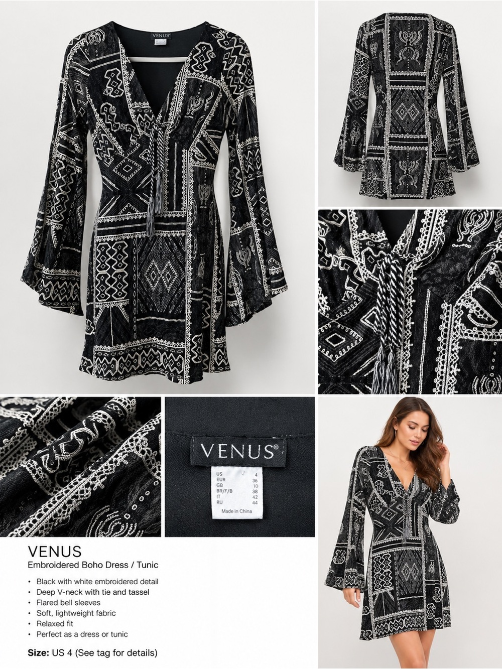 Venus Black & White Embroidered Boho Dress